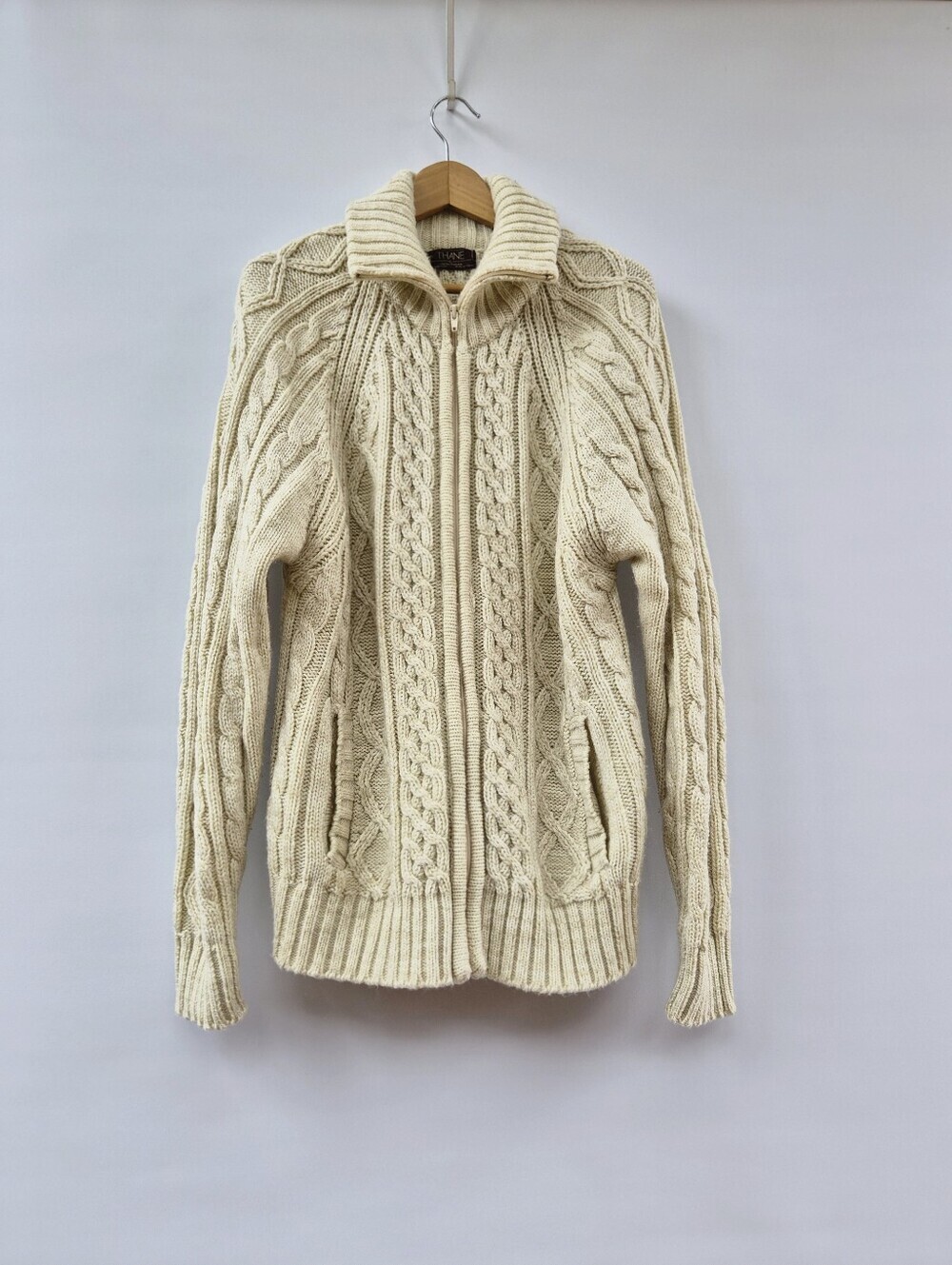 Thane Vintage Fisherman Cable Knit Zip Cardigan Sweater Jacket Mens XL Ivory